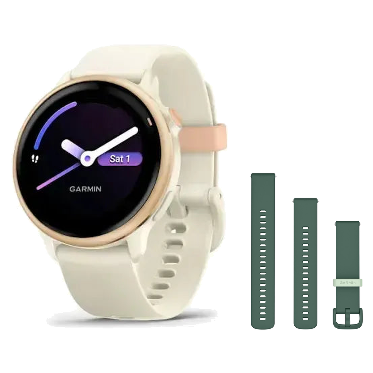 Garmin vivoactive 6 Smartwatch + Quick Release 20mm Band Package — Metallic Pink Dawn with Bone Band