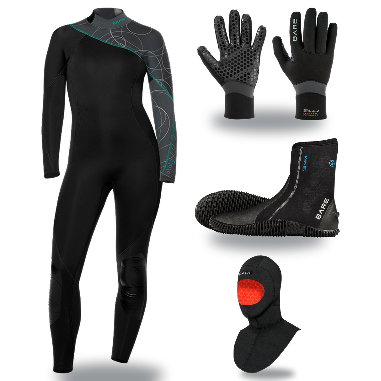Bare Elate 3/2mm Thermal Package – Womens Wetsuit + Hood + Gloves + Boots — includes Bare 3/2 MM Elate Neoprene Womens Multi…