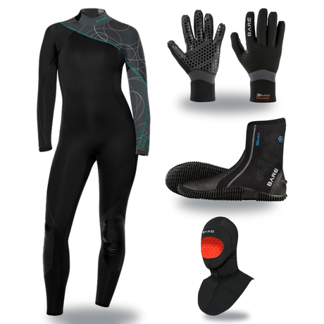 Bare Elate 3/2mm Thermal Package – Womens Wetsuit + Hood + Gloves + Boots — includes Bare 3/2 MM Elate Neoprene Womens Multi…