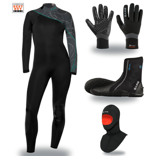 Bare Elate 5mm Thermal Package – Womens Wetsuit + Hood + Gloves + Boots — includes Bare 5mm Elate Neoprene Womens Multi-Spor…