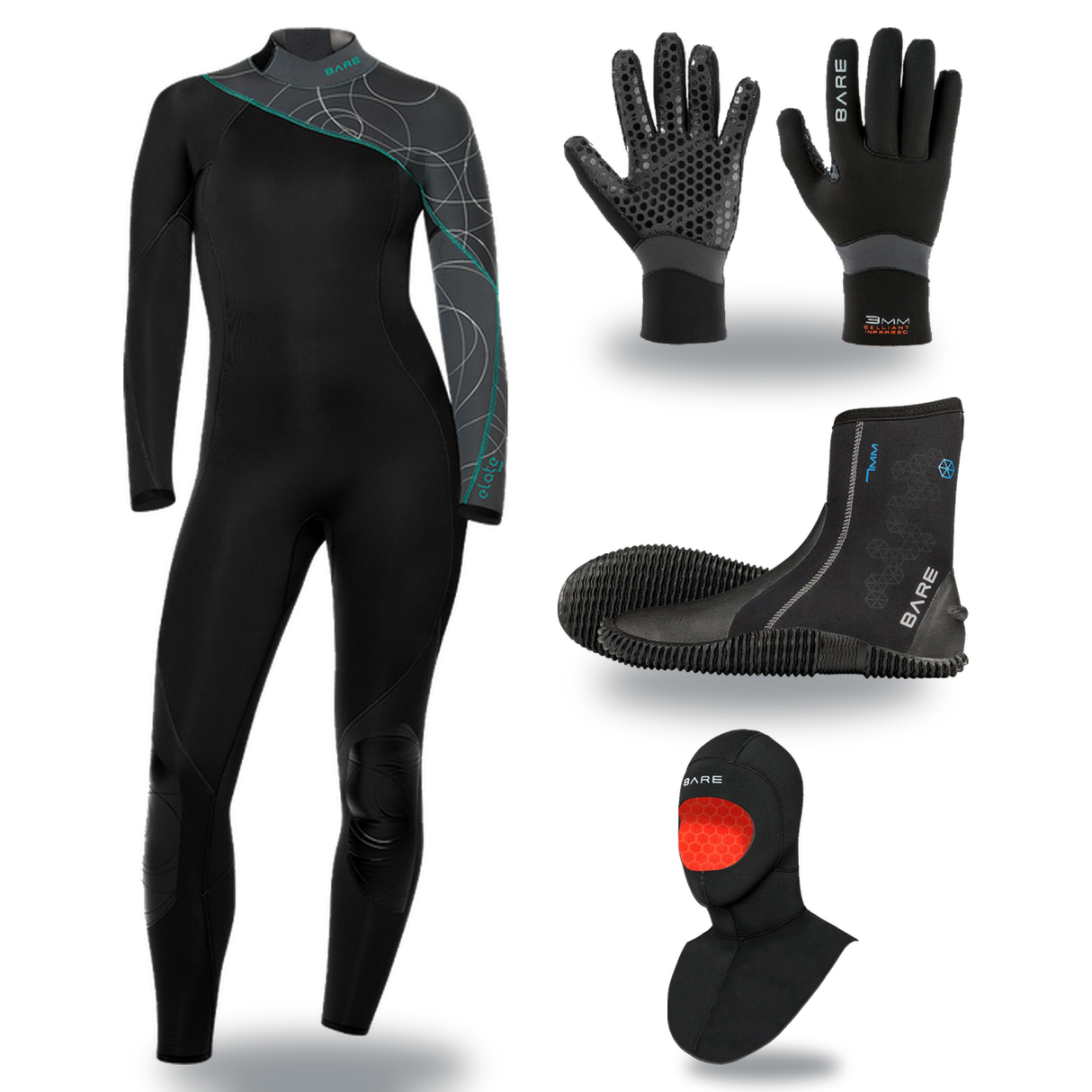 Bare Elate 7mm Thermal Package – Womens Wetsuit + Hood + Gloves + Boots — includes Bare 7mm Elate Neoprene Womens Multi-Spor…