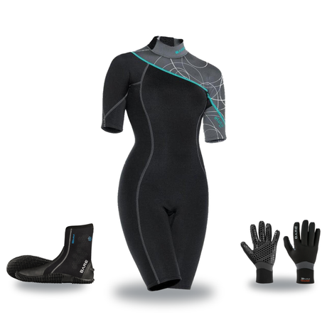 Bare Elate 2mm Warm Water Package – Womens Shorty + Gloves + Boots — includes Bare 2 MM Elate Shorty Womens Scuba Diving Wet…