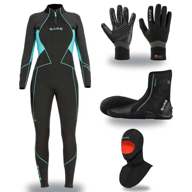Bare Evoke 3mm Thermal Package – Womens Wetsuit + Hood + Gloves + Boots — includes Bare 3mm Evoke Full Wetsuit Womens, Bare…