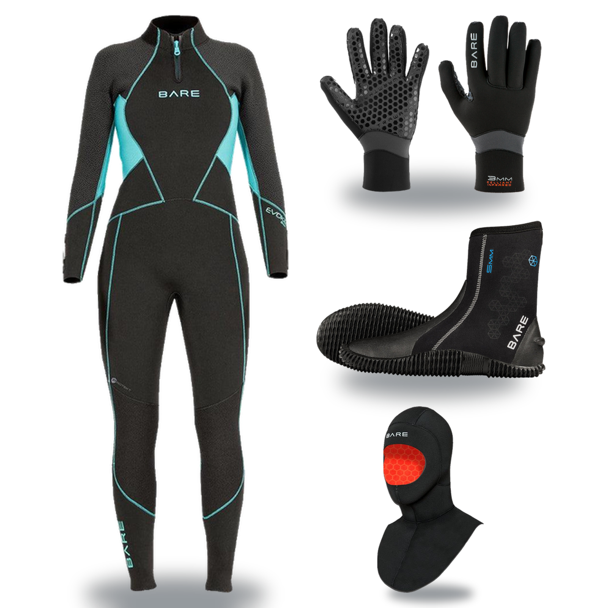 Bare Evoke 3mm Thermal Package – Womens Wetsuit + Hood + Gloves + Boots — includes Bare 3mm Evoke Full Wetsuit Womens, Bare…