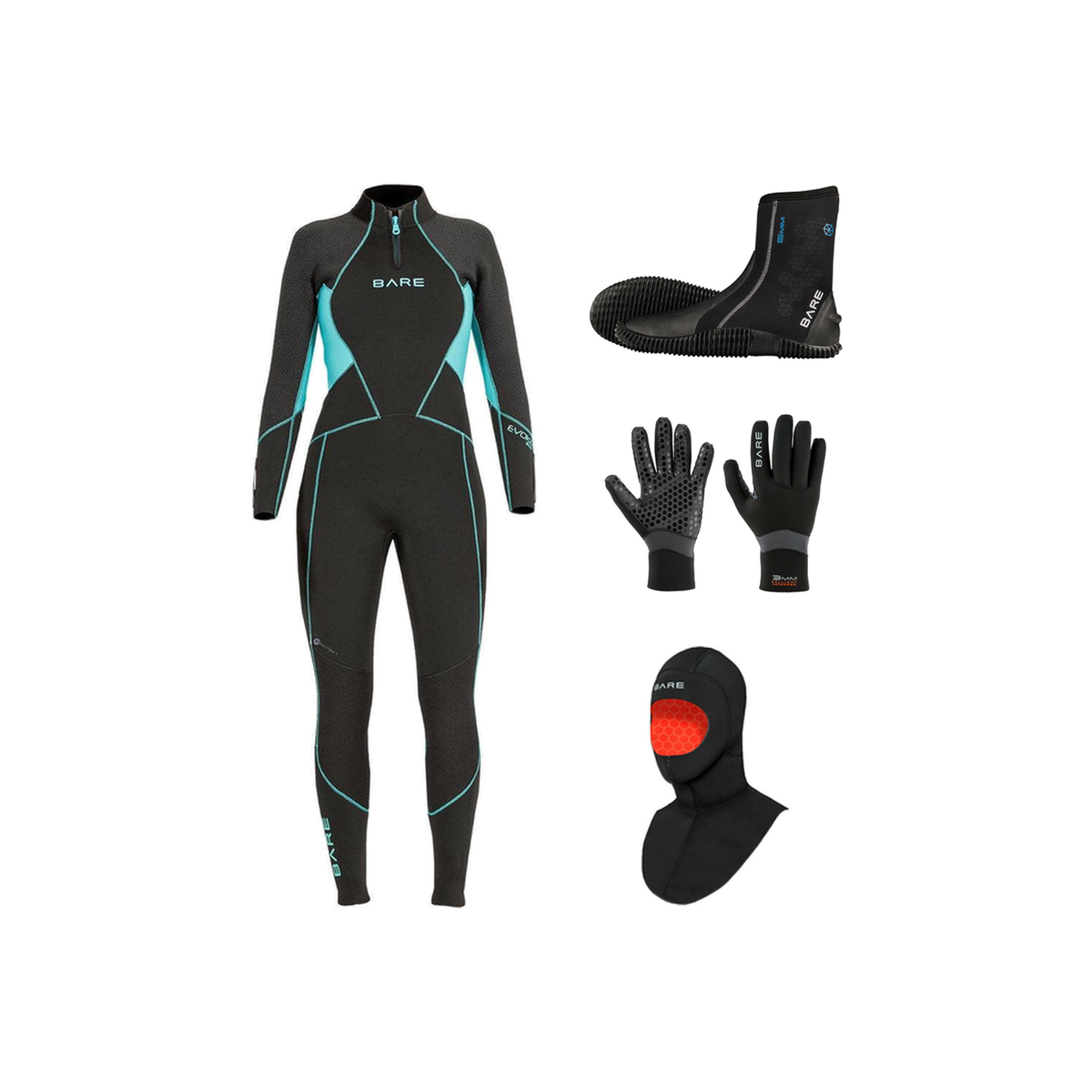Bare Evoke 3mm Thermal Package – Womens Wetsuit + Hood + Gloves + Boots — Aqua