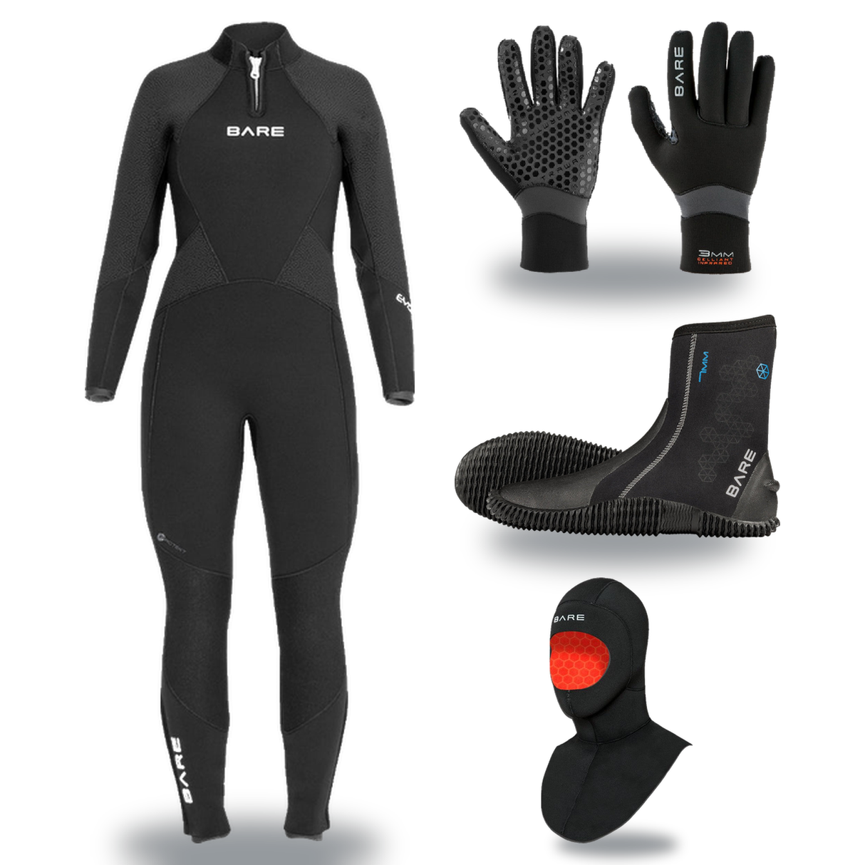 Bare Evoke 7mm Thermal Package – Womens Wetsuit + Hood + Gloves + Boots — Black