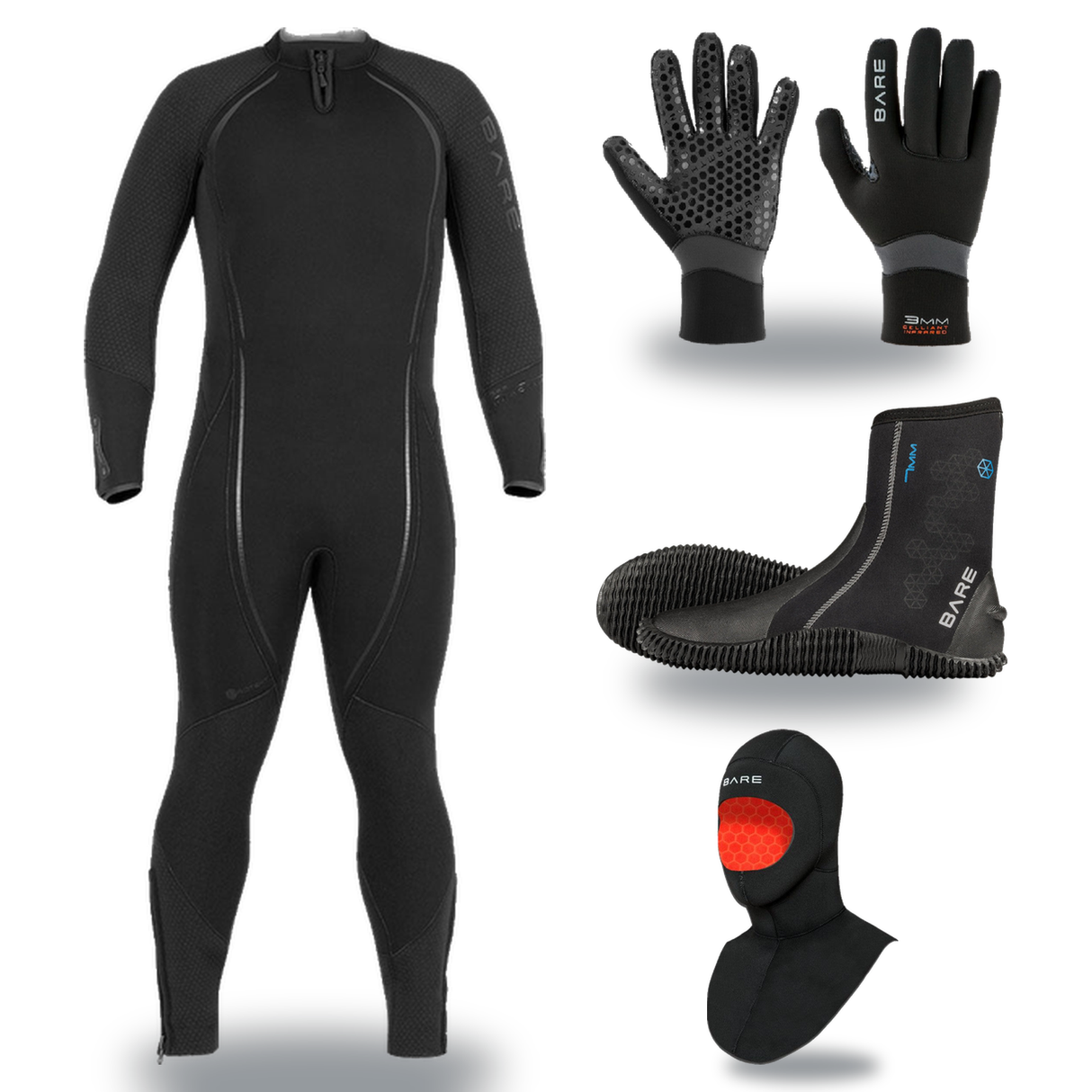 Bare Reactive 7mm Thermal Package – Mens Wetsuit + Hood + Gloves + Boots — includes Bare 7mm Reactive Full Wetsuit Mens, Bar…