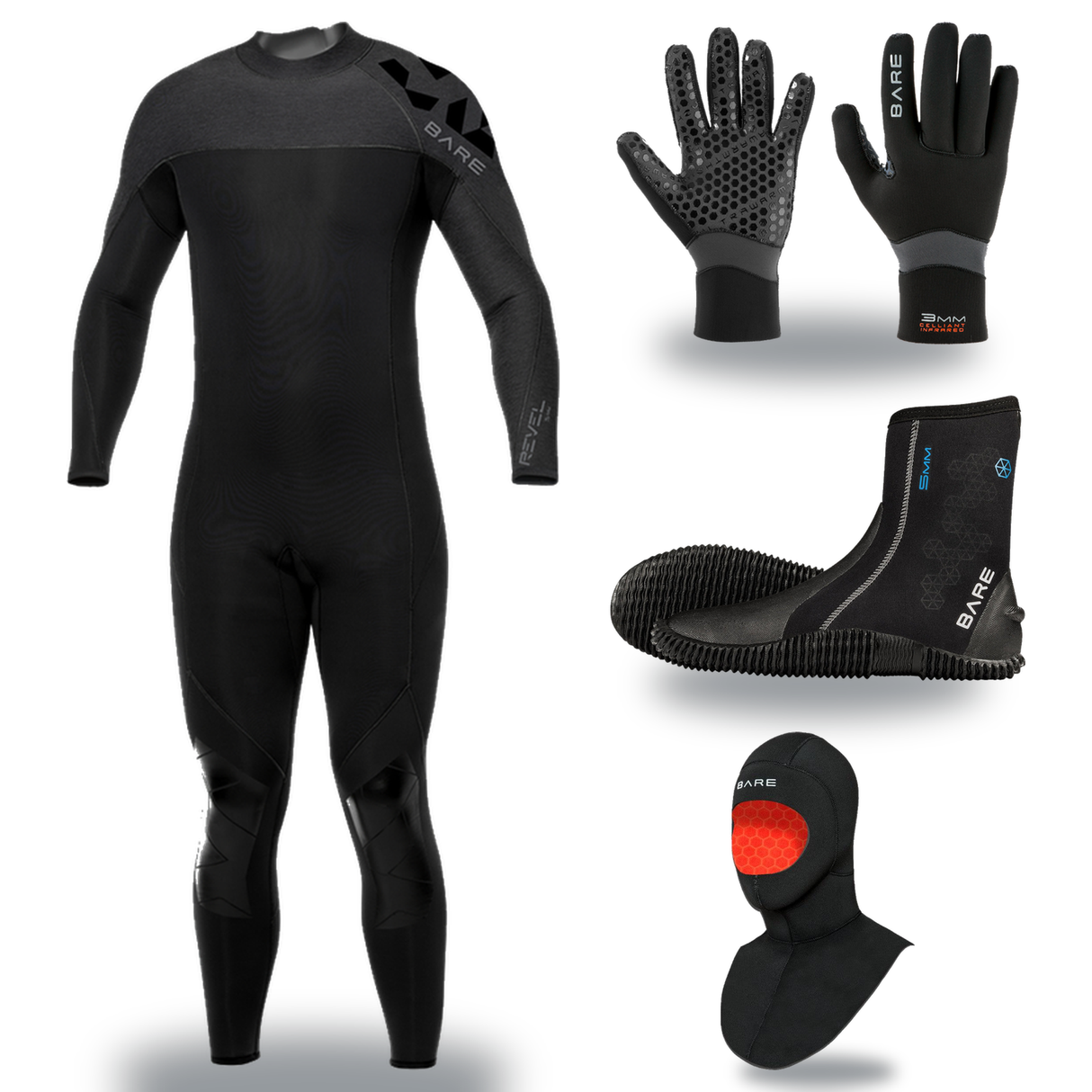 Bare Revel 3/2mm Thermal Package – Mens Wetsuit + Hood + Gloves + Boots — includes Bare 3/2 MM Revel Neoprene Multi-Sport Me…