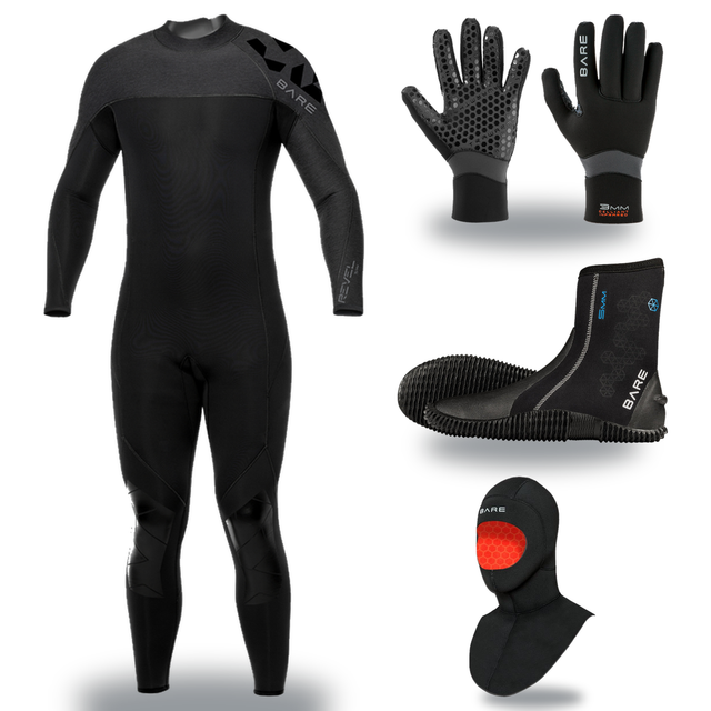 Bare Revel 3/2mm Thermal Package – Mens Wetsuit + Hood + Gloves + Boots — includes Bare 3/2 MM Revel Neoprene Multi-Sport Me…