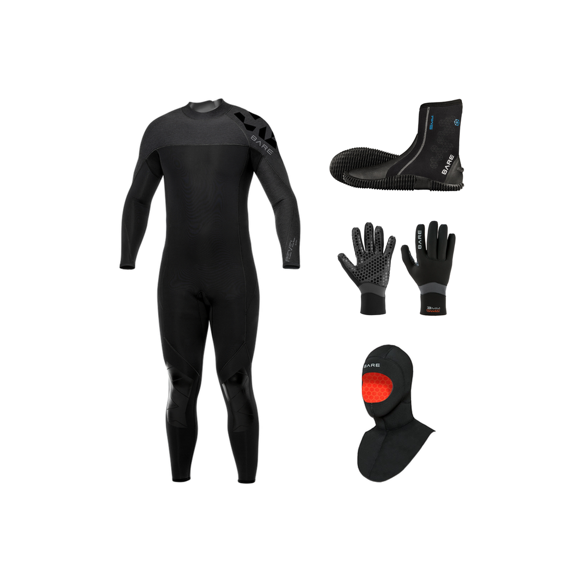 Bare Revel 3/2mm Thermal Package – Mens Wetsuit + Hood + Gloves + Boots — includes Bare 3/2 MM Revel Neoprene Multi-Sport Me…