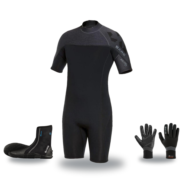 Bare Revel 2mm Warm Water Package – Mens Shorty + Gloves + Boots — includes Bare 2 MM Revel Shorty Mens Scuba Diving Wetsuit…