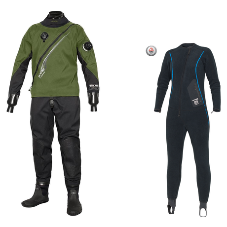 Bare Drysuit Package – Trilam Tech Men's Drysuit + SB System Mid Layer Full — Olive