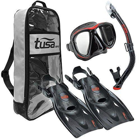 Tusa Powerview Dry Adult Travel Mask, Snorkel and Fin Set-Black/Red