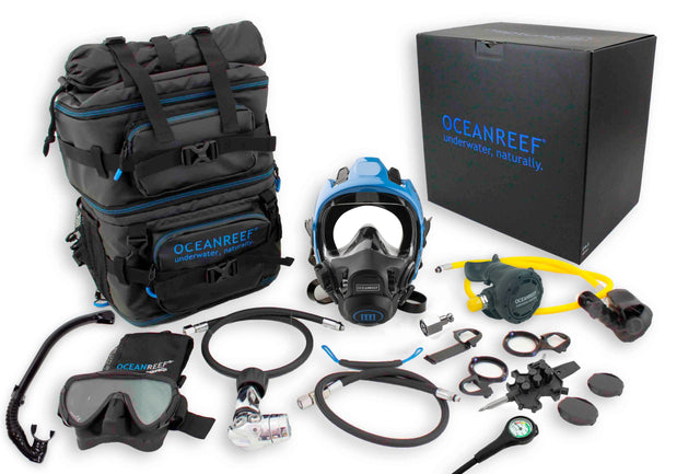 Used Ocean Reef Neptune III Package - Diving Full Face Mask w/ int 2nd st, surface air valve, hose, pressure gauge, octopus, SL35TX DIN first stage + bump + quick connection hose + Primary 2nd Stage Regulator (w/ male QD)-Small/Medium-Blue-Like New