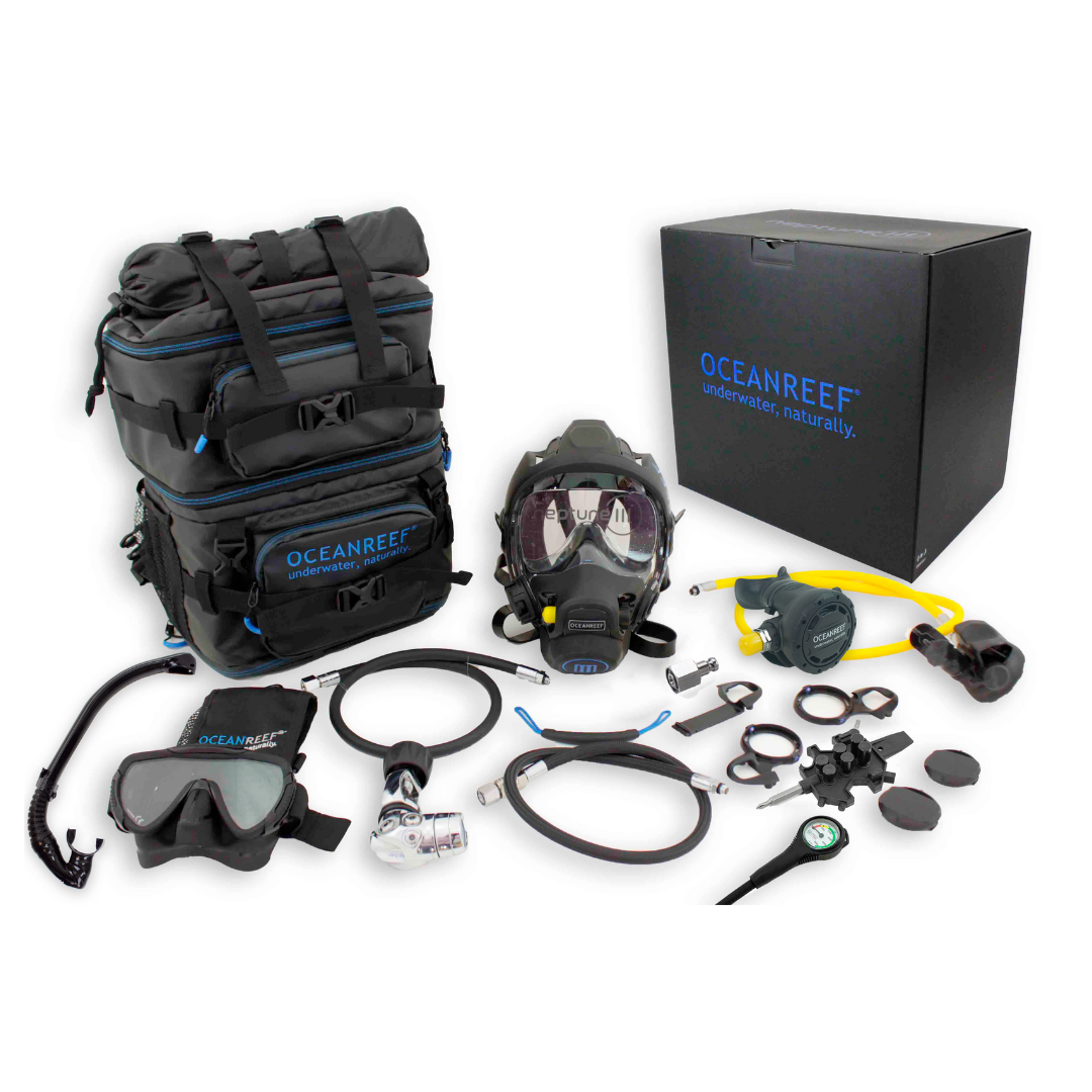Used Ocean Reef Neptune III Package - Diving Full Face Mask w/ int 2nd st, surface air valve, hose, pressure gauge, octopus, SL35TX INT first stage + bump + quick connection hose + Primary 2nd Stage Regulator (w/ male QD)-Small/Medium-Black-Like New