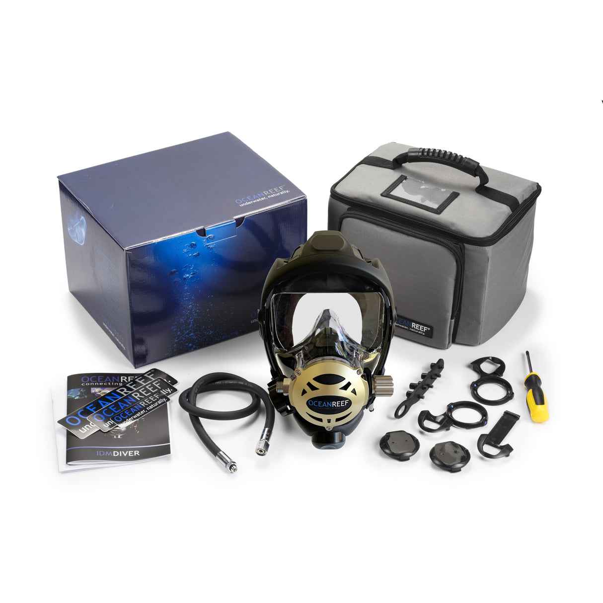 Used Ocean Reef Predator Extender-Diving Full Face Mask with INT 2nd Stage, Surface Air Valve & Hose-New SS Adj Knob-