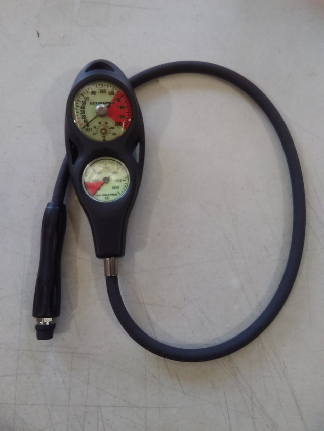 Used Scubapro 2-Gauge In-Line Compact Plastic Pressure Gauge, Standard Depth Gauge Dive Console-