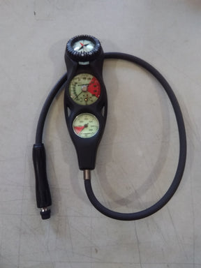 Used Scubapro 3-Gauge In-line Plastic Compact Pressure Gauge, Standard Depth Gauge, FS-1.5 Dive Console-