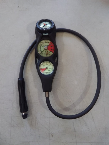 Used Scubapro 3-Gauge In-line Plastic Compact Pressure Gauge, Standard Depth Gauge, FS-1.5 Dive Console-