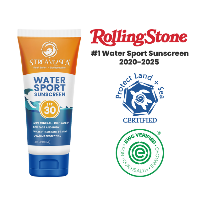 Stream2Sea Water Sport SPF 30 with certification badges