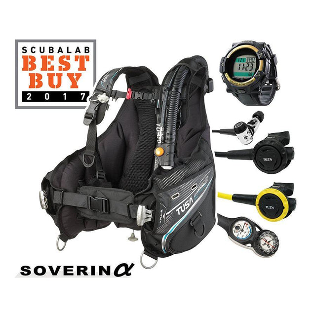 Tusa Soverin Alpha BCD Special with DC Solar Link Watch Scuba Diving Package-Black/Gold